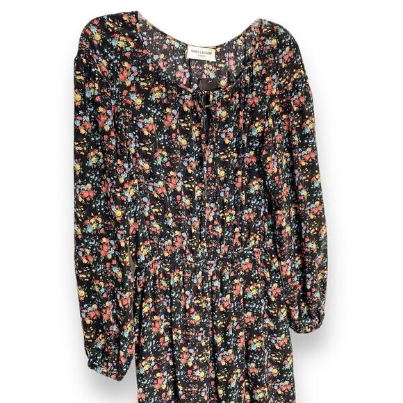 Saint Laurent Bouquet-Print Peasant Midi Dress, Black Pattern Women’s Sz Small S - Picture 6 of 16